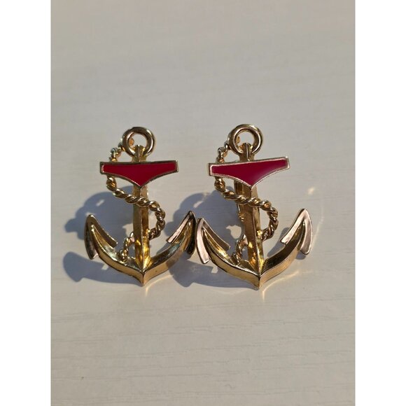 Vintage Avon Gold Red Enamel Navy Anchor Nautical Clip On Earrings - Picture 3 of 8